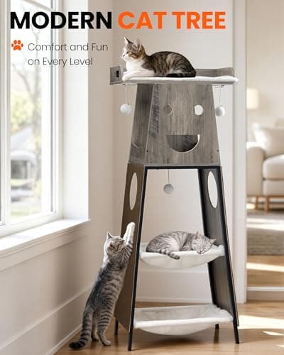 Feliskyn Modern Wood Cat Tree for Indoor Cats, 56 Inch Tall Cat Tower with Hammock, Multi-Level Trees with Perch Bed, 2 Hammock, Cat Condo, Scratching Board, Removable Pads, Cat Furniture, Greige - Thumbnail 4