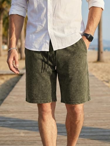 JMIERR Men's Athletic Shorts Moisture Wicking Vintage Acid Washed Cotton Loose Fit Elastic Waist Drawstring Casual Baggy Gym Shorts for Vacation,Office Date, Jungle Green, Medium - Thumbnail 2
