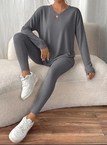 BTFBM Two Piece Sets for Women 2026 Casual Lounge Set Matching Oversized Shirts Leggings Workout Airport Travel Outfits(Grey, Medium) - Thumbnail 6