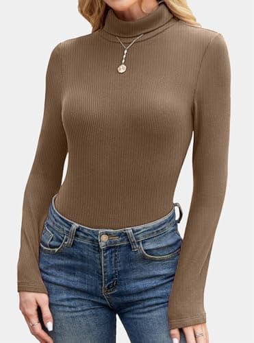 GKBK Womens Turtleneck Long Sleeve Tops Ribbed Basic Tshirts Thermal Underwear Warm Lightweight Fall Sweaters 2025 Fashion Outfits Winter Clothes Brown - Thumbnail 3