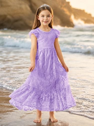 ALLOVIN Toddler & Girls Spring Graduation Lace Flower Girl Dress for Wedding Baptism First Communion Maxi Boho A-Line | Flutter Sleeve Purple | 3-4Y - Thumbnail 4