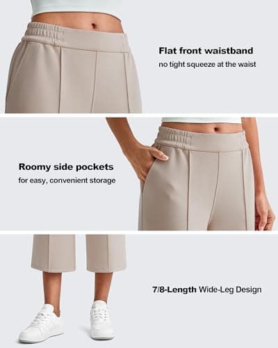 G4Free Khaki Pants for Women Capri Pants High Waist Stretchy Wide Leg Yoga Pants Loose Sweatpants Travel Lounge Pants(Light Khaki,M,Regular) - Thumbnail 3