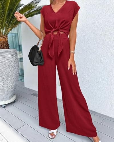 PRETTYGARDEN Women's Summer 2 Piece Outfits 2026 Cap Sleeve V Neck Belted Crop Tops Wide Leg Pant Sets Casual Tracksuit(Solid Wine Red,X-Large) - Thumbnail 2