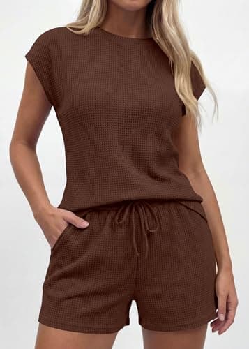 KIRUNDO Two Piece Sets For Women Summer 2026 Cap Sleeve Short Set Waffle Knit Matching Lounge Drawstring Vacation Outfits(Brown, XX-Large) - Thumbnail 5