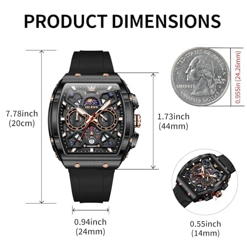 OLEVS Black Watches for Men Luxury Fashion Tonneau Square Large Face Skeleton Mens Watches Rubber Moon Phase Date Waterproof Multifunctional Chronograph Metal Men's Watch Reloj para Hombre - Thumbnail 4