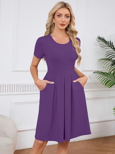 KORSIS Women Short Sleeve Dresses Purple 2XL Casual Round Neck A-Line Pleated Pockets Fall Dress Beach Vacation Sundress with Cardigan - Thumbnail 2