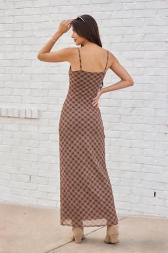 ZAFUL Womens Summer Maxi Dress Spaghetti Strap Mesh Stretch A Line Dresses 2026 Plaid Casual Sleeveless Beach Vacaion Slip Long Sundress Spring Clothing Brown Small - Thumbnail 5