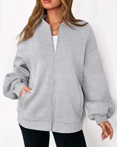 KIRUNDO Oversized Sweatshirt for Women Zip Up Bomber Jacket 2026 Fall Fashion Casual Long Sleeve Outerwear Winter Outfits(Grey, Large) - Thumbnail 3