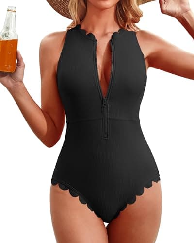 Charmo Ribbed Scalloped Swimsuit for Women Zipper Retro High Neck One Piece Slimming Bathing Suit Lap Swimwear Black M - Image 1