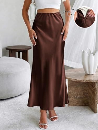 LORJIO Women's Satin Maxi Skirts Dressy Casual 2026 Spring High Waisted Flowy Long Silk A Line Elegant Formal Work Midi Skirts Chocolate Brown L - Thumbnail 4