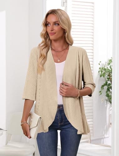 Askyes Lightweight Summer Cardigan for Women Spring Netted Knit Ruffle Half Sleeve Kimono Cover Ups Cardigans,Light Khaki,L - Thumbnail 5
