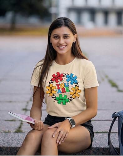 Autism Awareness T Shirt Women Autistic Support Graphic Tee Shirt Casual Puzzle Piece Bleached Tee Tops Apricot - Thumbnail 3