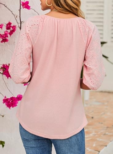 Dokotoo 3/4 Sleeve Shirts for Women Trendy Tie Front V Neck Womens Boho Tops Casual Waffle Knit Blouse Summer Embroidered Hollow Out Sleeve Tunic Tops for Women Loose Fit Dressy Gossamer Pink Medium - Thumbnail 2