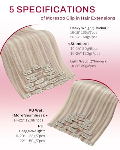 Moresoo Seamless Clip in Hair Extensions Real Human Hair Blonde Highlight Remy PU Weft Human Hair Clip in Extensions for Women Cool Ash Brown with Bleach Blonde with A Hint of Pink 7pcs 120g 20Inch - Thumbnail 5
