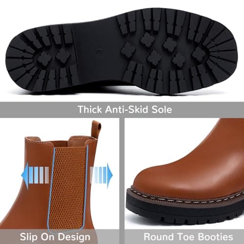 Athlefit Chelsea Ankle Boots for Women Platform Lug Sole Brown Boots Comfortable Slip On Fall Dress Short Booties Size 7 - Thumbnail 3
