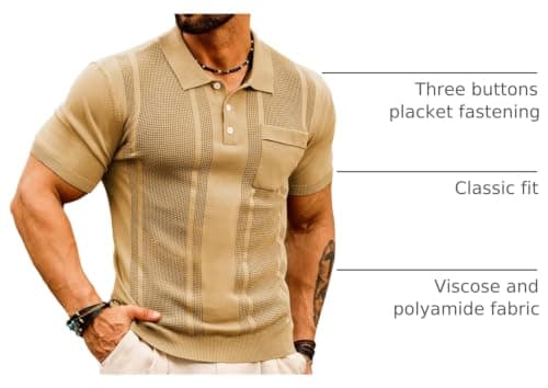 GRACE KARIN Mens Knitted Polo T Shirt Short Sleeve Slim Fit Tee Shirts Business Casual Summer Fashion T-Shirt Khaki M - Thumbnail 4
