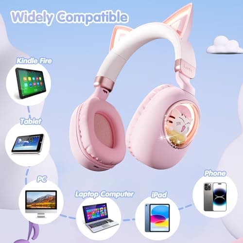 esonstyle Kids Headphones Cat Ear - Bluetooth 5.4 Over-Ear Noise Cancelling Headphones with Microphone LED Lights Up 85dB Safe Volume Limit Wireless or 3.5mm Wired USB C for Travel iPad Tablet (Pink) - Thumbnail 3