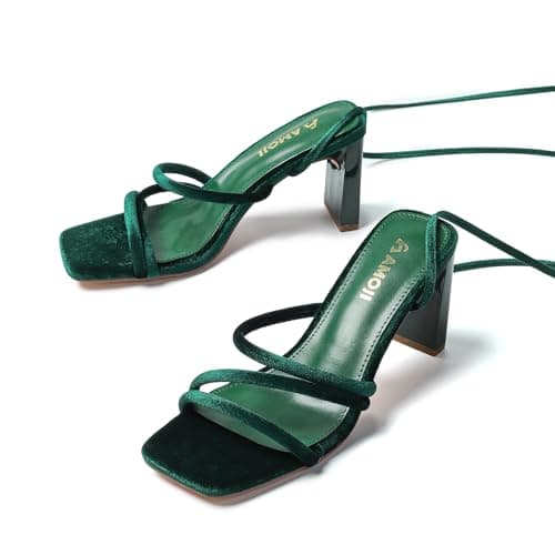 Amoji Women 3 Inch Strap Up Heels Lady Heeled Sandal Ankle Strappy Wedding Party Dressing Dress Shoes 331 Velvetgreen Heels Size 7.5 women - Thumbnail 4