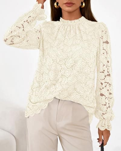 KIRUNDO Lace Tops for Women Dressy Causal 2026 Early Fall Fashion Ruffle Long Sleeve Mock Neck Blouses Shirts(Apricot, XX-Large) - Thumbnail 6