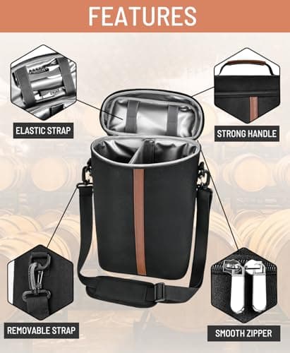 Neverwhy Insulated Wine Bag - Wine Bottle Carrier Tote Cooler Bags for Gifts Travel Picnic Beach, Black - 2 Bottle - Thumbnail 5