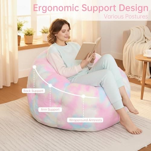 Cvortll Bean Bag Chair, Floral Shaped Beanbag, Faux Fur Adult Teen Kids Comfy Chair with Petal Armrest Chair, Bean Bag Couch for Bedroom, Living Room, Dorm, Game (Colorful) - Thumbnail 4