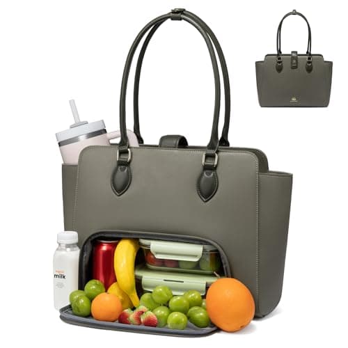 LOVEVOOK Lunch Tote Bag for Women, 2-in-1 Work Tote Bag with Lunch Compartment, Insulated Lunch Bag & 15.6 Inch Laptop Bag for Women, Ideal for Teacher, Nurse and Camping Use, Dark-Grey Green