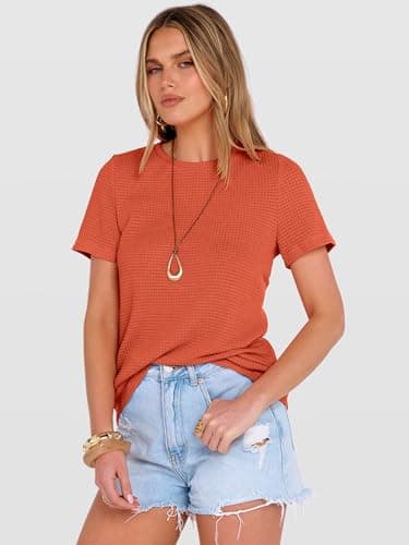 ANRABESS Women's Summer Waffle Knit Tops,Orange,L - Thumbnail 4