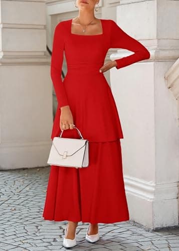 Lazysmile Women's Long Sleeve Fall Dresses Square Neck Ruched Waist Ruffle Hem Flowy Elegant Modest Boho Casual Maxi Dress Red - Thumbnail 3