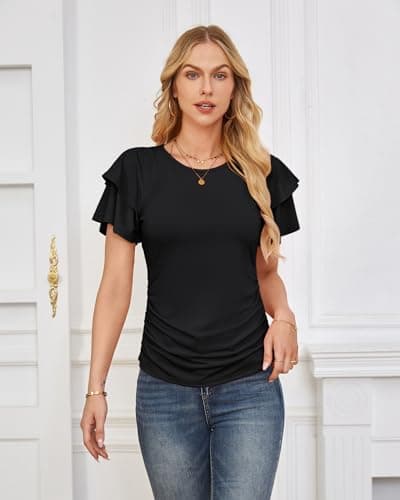 GRACE KARIN Summer Tops for Women Dressy Casual, Ruffle Short Sleeve Work Shirt, 2026 Spring Blouses Black X-Large - Thumbnail 4