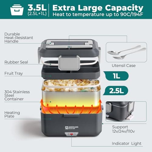 Annie & Mia Design Electric Lunch Box for Adults, 100w 3.5L 2-Layer Portable Food Warmer, Dual Mode 2.5L + 1L Heated Lunch Box for Adults, Home/Car/Office/Truck Use, Lonchera Eléctrica Portátil - Thumbnail 4