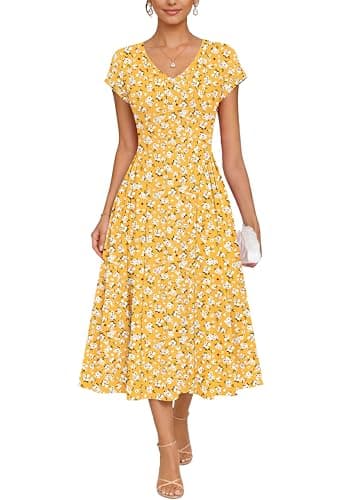 WNEEDU Women Summer Midi Dress Waffle Knit V Neck Cap Sleeve A-Line Casual Travel Outfits with Pockets（YE S Floral,M） - Image 1