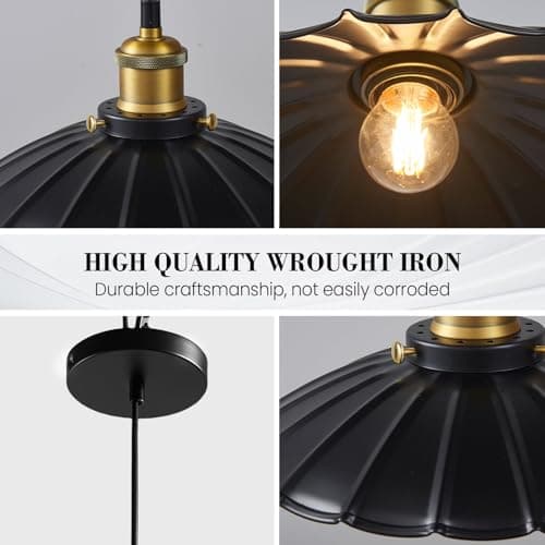 Oyisen Black Pendant Light, 9.8 Inch Retro Hanging Lamp for Bedroom, Glossy Hanging Kitchen Lights Living Room 6.5Ft Height Adjustable Indoor Pleated Pendant Light - Thumbnail 6