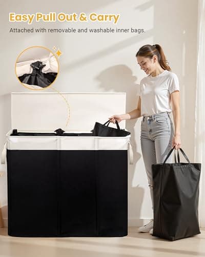 190L Laundry Hamper with Lid, Large Laundry Basket with Lid and 3 Section, Sturdy Laundry Baskets with 3 Removable Bags (L M S), Dirty Clothes Hamper Organizer for Laundry Room, Bedroom and Dorm Room - Thumbnail 2
