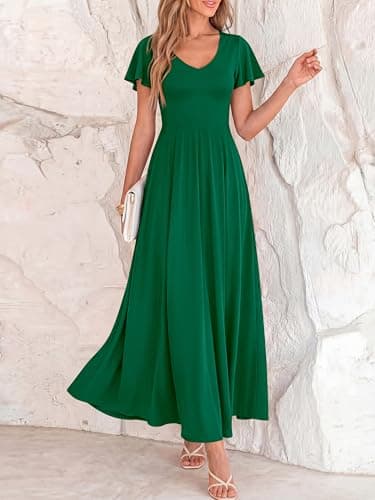 BTFBM Formal Dresses for Women Summer Outfits V Neck Ruffle Sleeve A Line Maxi Elegant Cocktail Wedding Guest Dress 2026(Green, Small) - Thumbnail 4