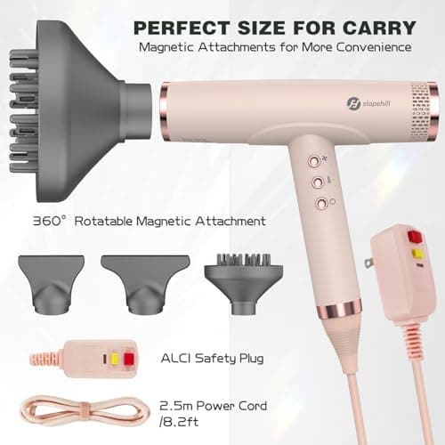 slopehill Professional Ionic Hair Dryer, High-Speed Blow Dryer with Brushless Motor for Salon Use, Lightweight Compact Hairdryer for Travel, Low Noise Quiet for Home, Ceramic Pink - Thumbnail 4