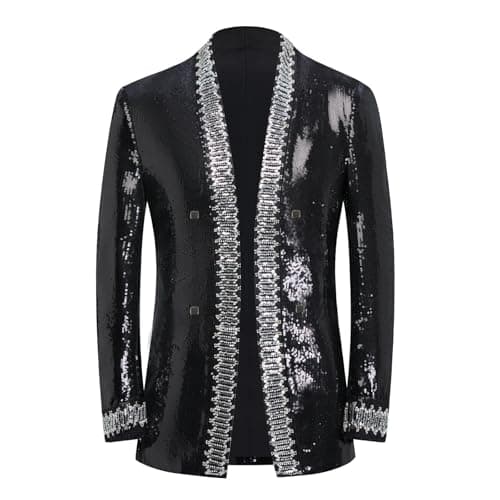 Men's Sequined Blazer, Black with Silver Trim, Performance Stage Jacket for Wedding Banquet (US, Alpha, X-Large, Regular, Regular, Black) - Thumbnail 4