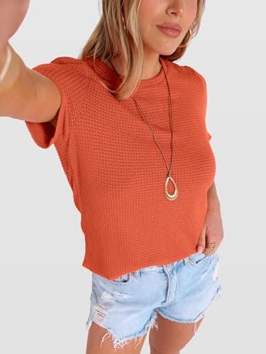 ANRABESS Women's Summer Waffle Knit Tops,Orange,L - Thumbnail 6