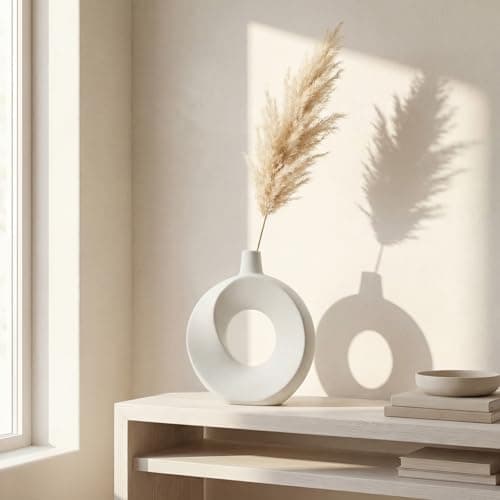 DSYSMIN 10.24" White Ceramic Donut Vase for Pampas Grass - Modern Speckled Matte Circular Hollow Vase, Minimalist Japandi Style Flower Vase for Living Room, Mantel, Kitchen (Watertight & Handmade) - Thumbnail 3