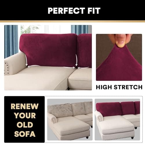 PrinceDeco Velvet Cushion Covers for Sectional Couch, 3 Back Cushion, Burgundy - Thumbnail 5