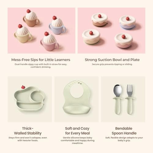 COZY ROCK Silicone Baby Feeding Set, Gelato Collection Baby Led Weaning Supplies, First Self-Feeding Set with Silicone Suction Bowl & Plate, Straw Cup & Bib, Fork & Spoon Silicone Baby (Green) - Thumbnail 3