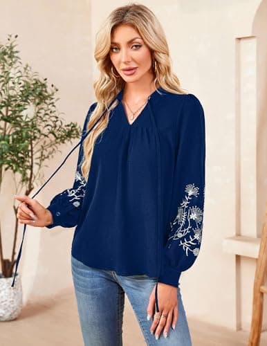 LOOKBOHO Boho Tops for Women Floral Embroidered Long Sleeve Peplum Blouses V Neck Tie Front Mexican Shirt Dressy Casual XL - Thumbnail 2