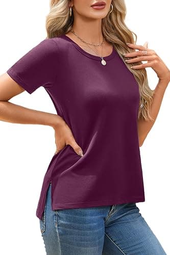 Herou Summer Tops for Womens Short Sleeve T-Shirt High Low Hem Tees with Side Split (Maroon, Large) - Image 1