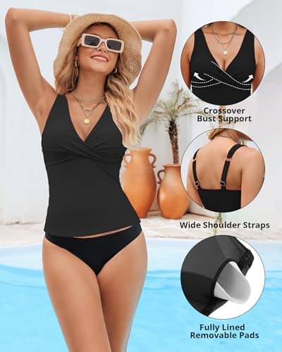 GRAPENT Tankini Swim Top Swimsuit Womens Swim Top Woman Tankini Swimsuit Women Swimsuits Ladies V Neck Padded Black Bathing Suit Tops for Beach Vacation Black X-Large Plus Size 16 to 18 - Thumbnail 4