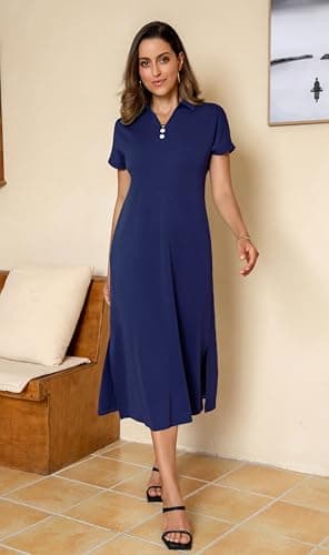 BEXIBOOM Women's Summer Maxi Dress, Cap Sleeve V Neck Collared Polo Shirt Dress with Pockets, Casual Long Dress for Beach Vacation Work Navy Blue-XL - Thumbnail 2
