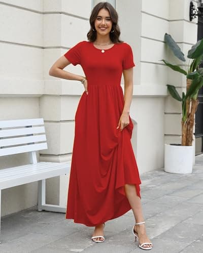 COSSEN Women’s Crewneck Short Sleeve Maxi Dress Red X-Large with Pockets – Casual Loose Swing Sundress for Wedding Guest, Beach & Vacation - Thumbnail 3