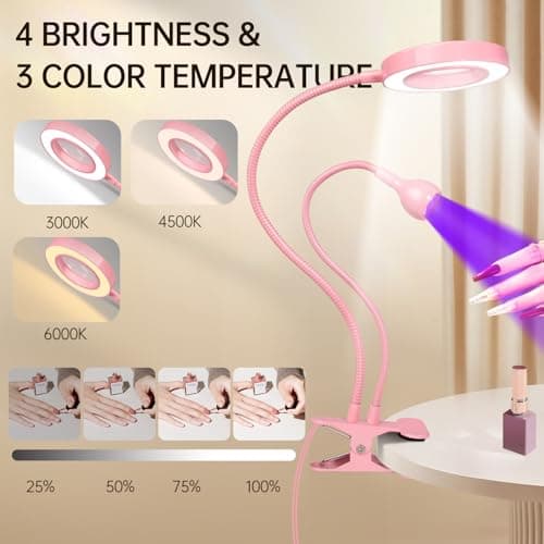 AORAEM LED UV Nail Lamp: Double-Headed Gooseneck Lamp for Gel Nails, LED Flash Cure Lamp with 6X Magnifier Home DIY Salon, Pink - Thumbnail 4