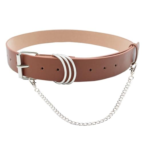 EONTISO Women Studded Leather Belt for Jeans, Punk Silver D-Rings & Chain, Roller Buckle Brown S - Image 1