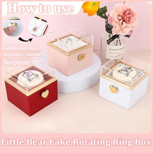 Weijimir S925 Silver Necklace Heart-shaped Pendant with Blue Zirconia, Surprise Flip Little Bear Cake Rotating Jewelry Ring Box for Proposal, Engagement Wedding Birthday (White Ring Box + Necklace) - Thumbnail 6