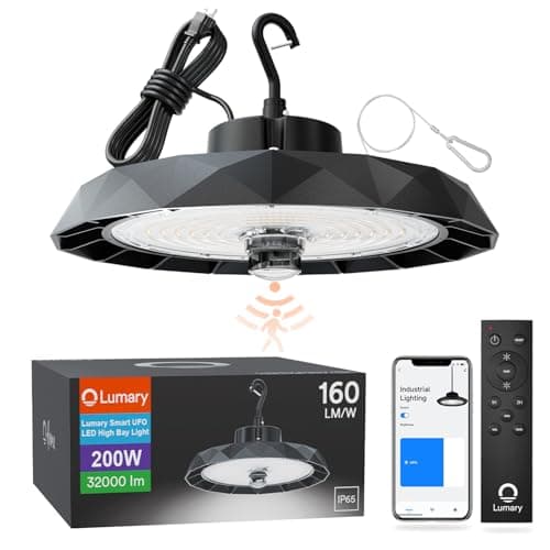 Lumary 200W 32,000lm Smart Shop Light for Garage Motion Sensor 5000K, Compatible with Alexa via Hub-Not Included, Bluetooth UFO LED High Bay Light Metal for Workshop Dimmable, 120-277V, 1Pack - Image 1