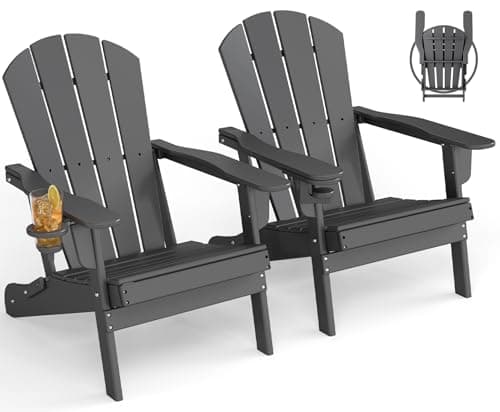 GREENVINES Folding-Adirondack-Chairs-Set-of-2 | w/Cup Holder | HDPE Plastic | All-Weather Patio Fire Pit Chairs | for Outdoor Poolside Deck | Grey